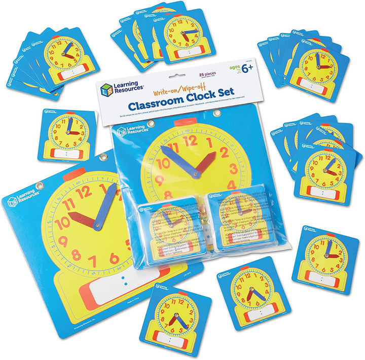 Write & Wipe Clocks Classroom Set - 25 Pieces, Ages 6+ Laminated Dry-Erase, Teaching Aids, Teacher Supplies, Learning Time,Back to School Supplies