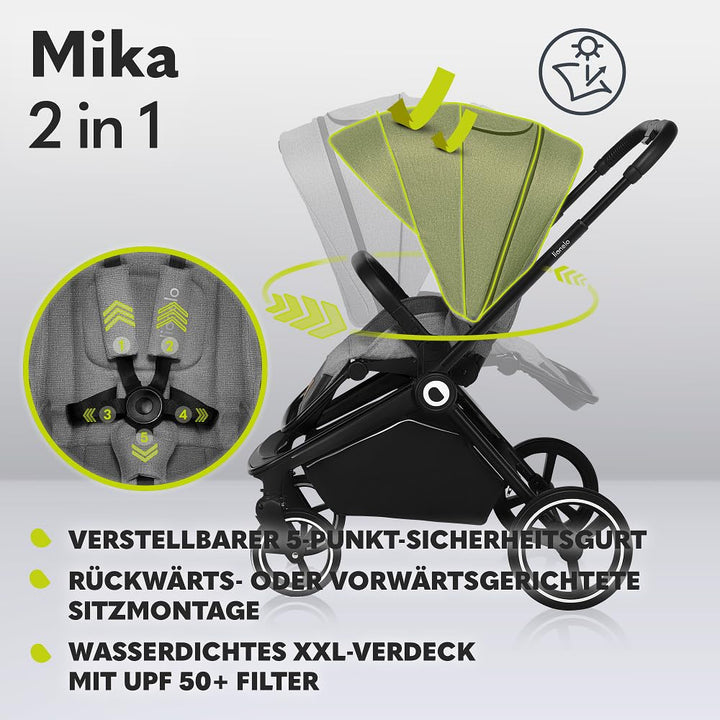 Mika 2-In-1 Combination Pushchair Baby Carrycot Pram Buggy Rain Cover Shoulder Strap for Transport Mattress Mosquito Net Foot Cover Waterproof Material Rubber Wheels (Grey Stone)