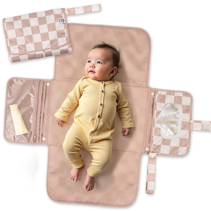 Portable Diaper Changing Pad-Foldable Waterproof Changing Mat&Portable Changing Pad for Travel,Baby Changing Station with Smart Wipes Pocket&Storage (Sage Checkers)