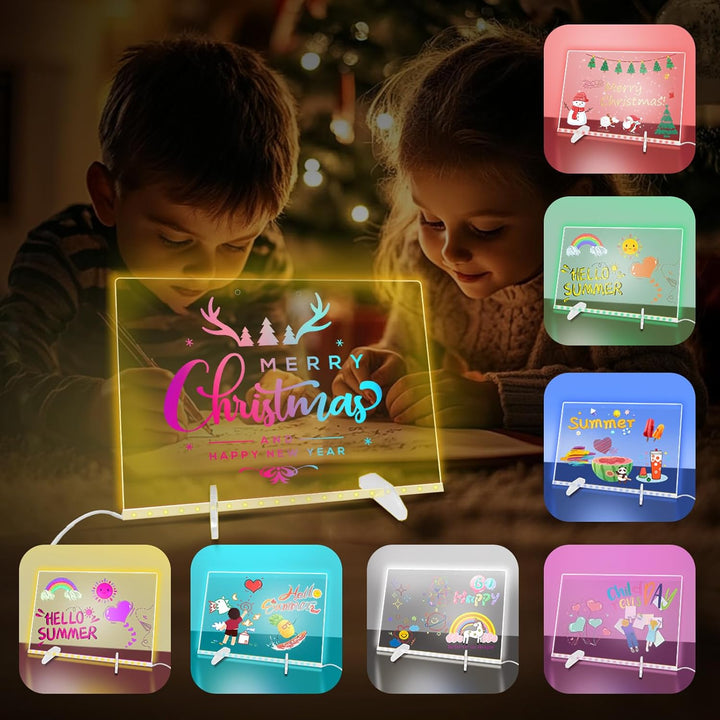 Acrylic Dry Erase Board with Light,Led Note Board with Colors 13.8"X10" 4 Modes & 7 Colors Rewritable LED Acrylic Drawing Board Forkids School Home Office Include 7 Pens,Clear Stand,Spray Bottle