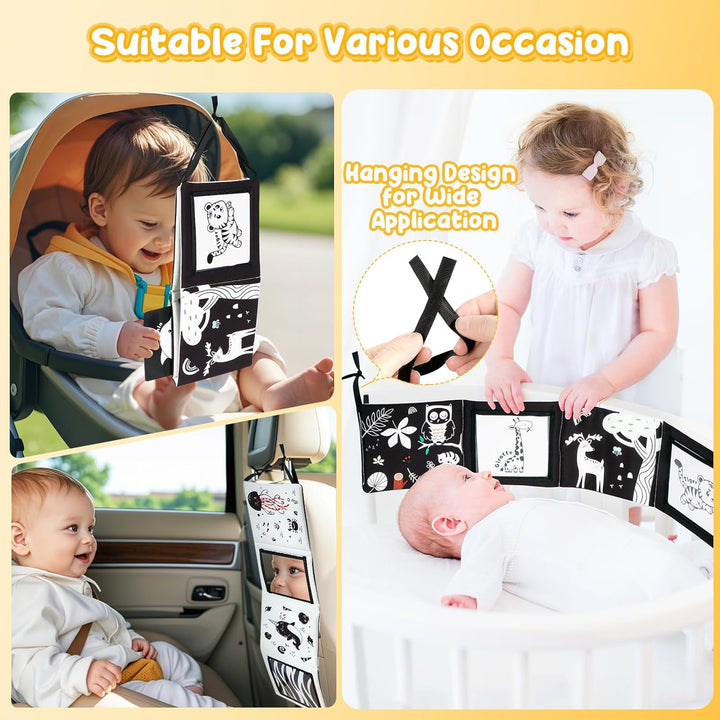Tummy Time Mirror Toys, High Contrast Black and White Baby Toys for Newborn, Baby Boy Girl Gifts, Visual Stimulation Learning Activity Cards, Soft Baby Book, Montessori Infant Toys 0-12 Months