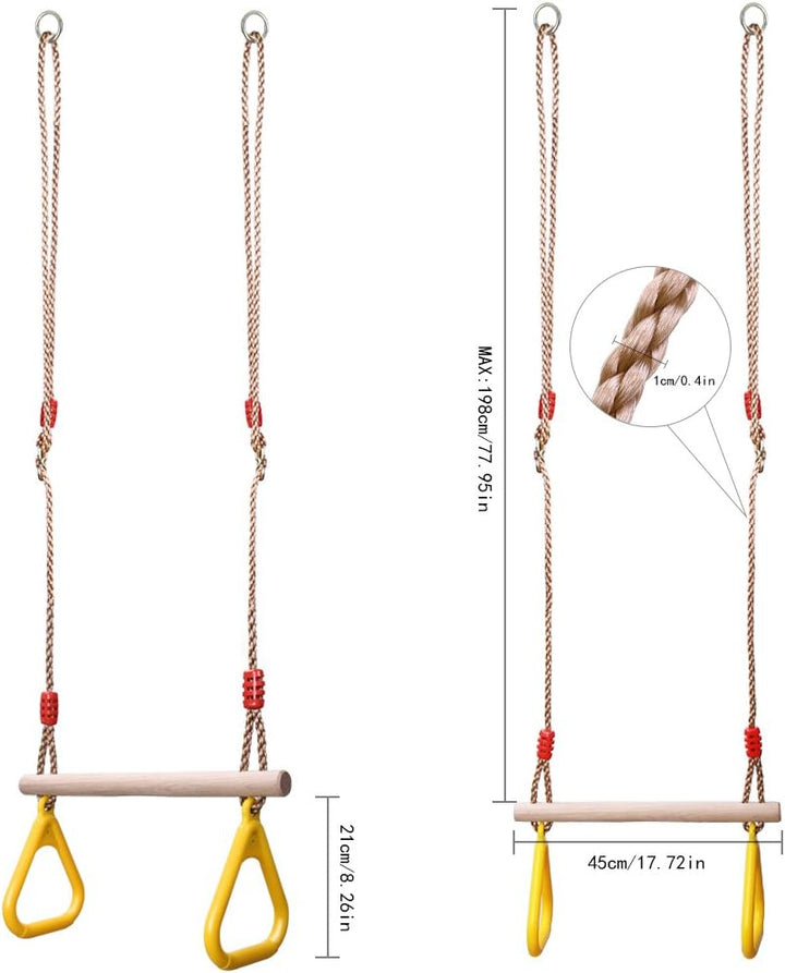 Trapeze Bar Swing Set Hanging Bar Rings for Kids 18" Wooden Swing Bar Heavy Duty Carabiner for Kids Backyard Outdoor Play