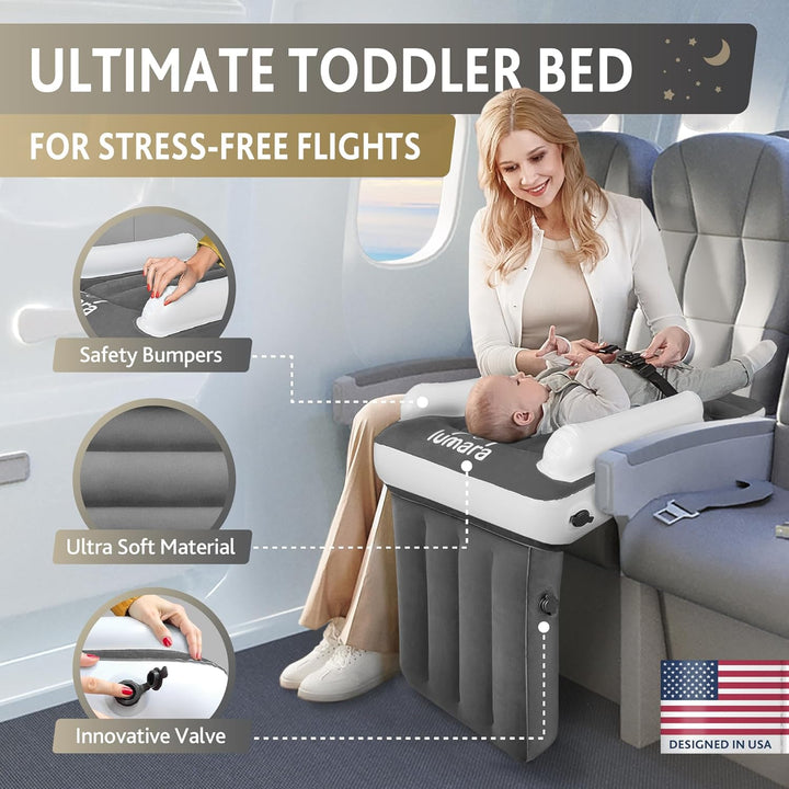 Toddler Airplane Bed - Inflatable Airplane Bed for Toddlers, Plane Baby Seat Extender for Kids - Blow up Air Mattress for Child Flight Sleep with Safety Belt, Innovative Valves, No Pump Needed
