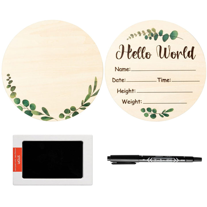 Baby Birth Announcement Sign with Marker Pen, Mallard Duck Baby Name Sign with Ink Pad for Hand and Footprints, Wooden Hello World Newborn Announcement Nursery Decor Keepsake Gifts