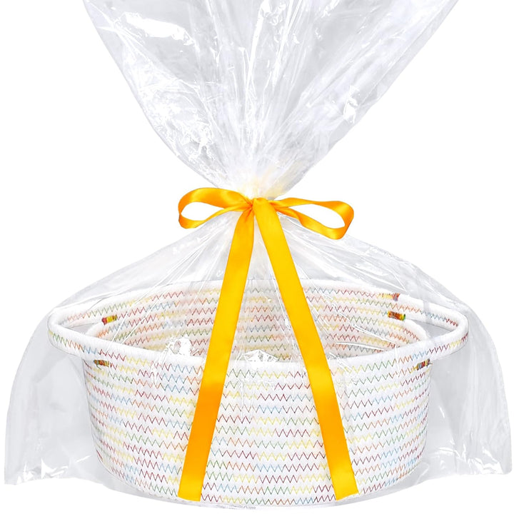 Small Basket with Gift Bags and Ribbons, Empty Gift Baskets, Decorative Boho Rope Woven Nursery Storage Organizer Toy Baskets with Handle for Baby Showers, 12"X 8" X 5"