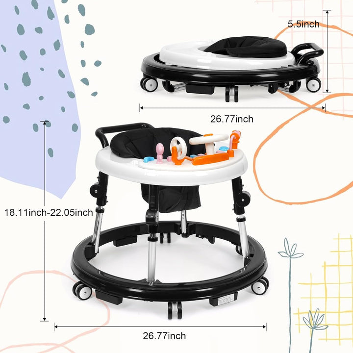 Music and Lights Baby Walker Foldable with 9 Adjustable Heights, Baby Walker with Wheels Portable, Infant Toddler Walker for Baby Boy Girls 6-18 Months