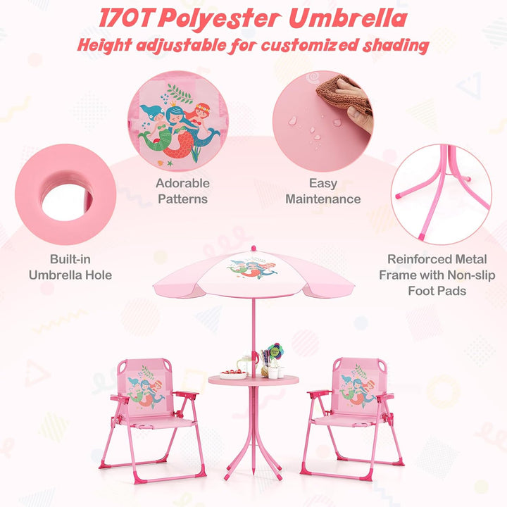 Kids Picnic Table, Animal Themed Toddler Outdoor Table and Chair Set, 2 Folding Chairs & Removable Umbrella, Children Outdoor Furniture for Backyard Patio Garden (Pink Mermaid)
