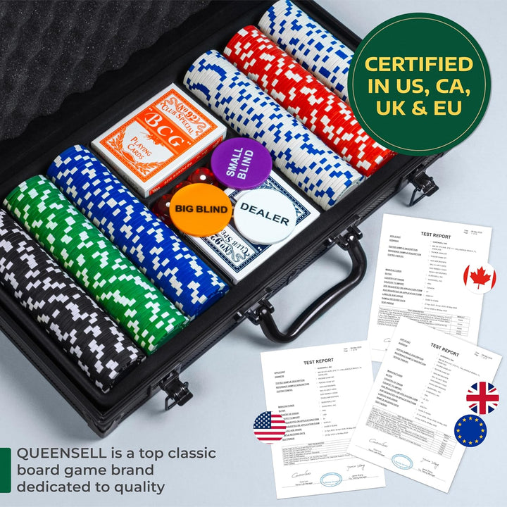 Poker Set with 300 Poker Chips 11.5 Gram for Texas Holdem – Professional Weight Poker Chips Set with 2 Decks Cards, Big Small Dealer Buttons, and Dices – Premium Poker in Aluminum Case