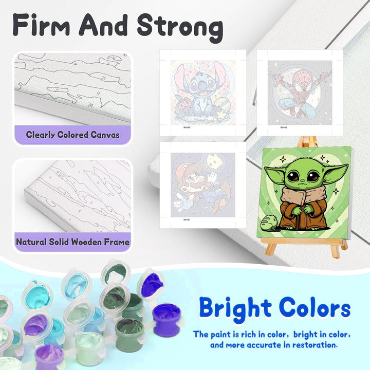 4 Pack Cartoon Paint by Numbers Kit for Kids with Frame - Wooden Easel, Cute Kids Paint by Numbers Ages 4 8 12, DIY Acrylic Oil Painting for Home Wall Decor (8X8 Inch)