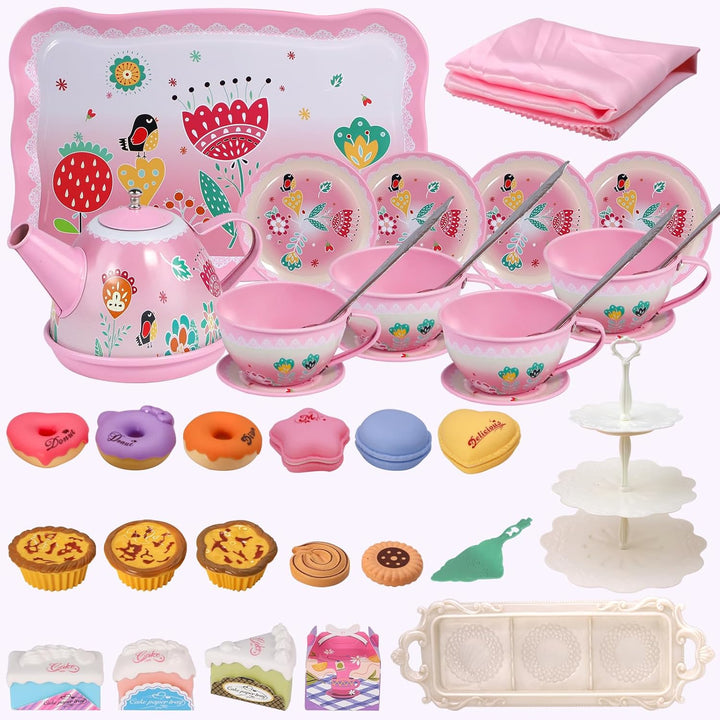 Tea Party Set for Little Girls, Princess Tea Time Toy Including Dessert,Cookies,Doughnut,Teapot Tray Cake, Tablecloth & Carrying Case,Kids Kitchen Pretend Play for Girls Boys Age 3-6