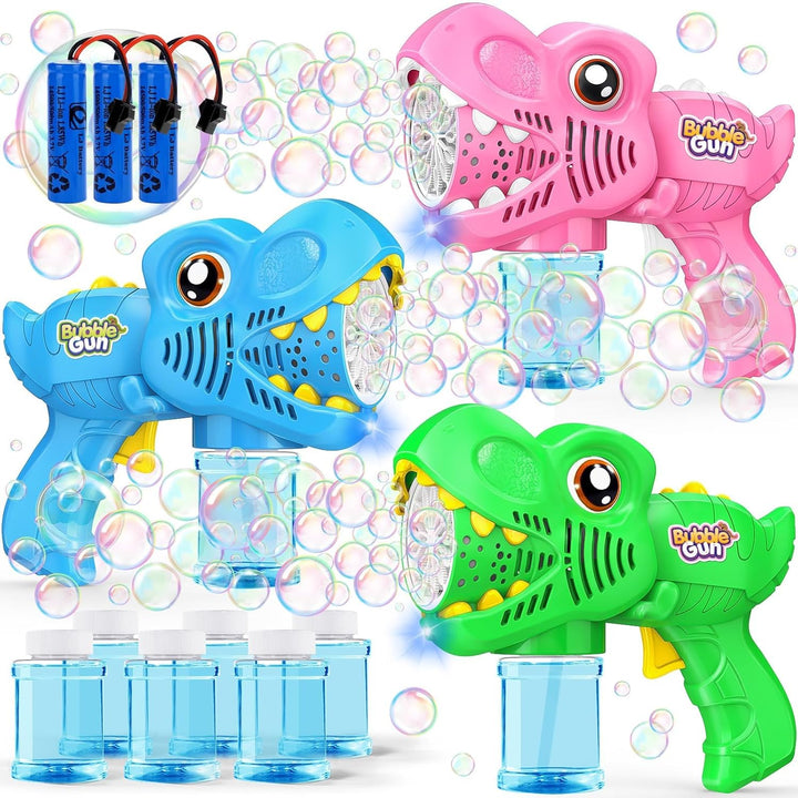 Kids Bubble Gun 2 Pack Dino Bubble Machine Gun for Toddlers with 4 Solutions Automatic 13-Hole Bubbles for Kids Blower Maker Easter Basket Essentials Stocking Stuffers Gift Party Favors for Boys Girls
