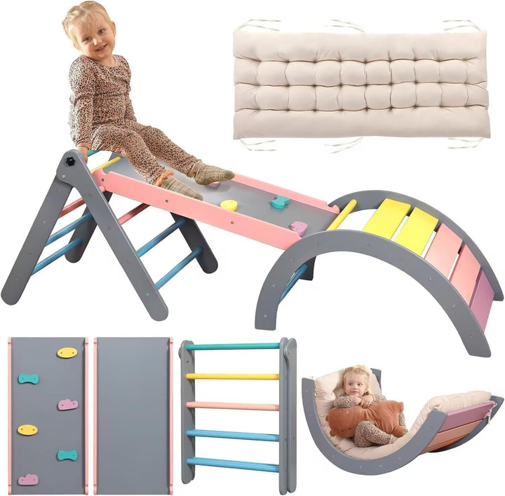 Pikler Triangle Set with Cushion, 7 in 1 Toddler Climbing Toys Indoor, Montessori Foldable Climbing Set, Wooden Climbing Toys for Toddlers 1-3 inside with Ramp, Arch and Ladder (Nature Wood)