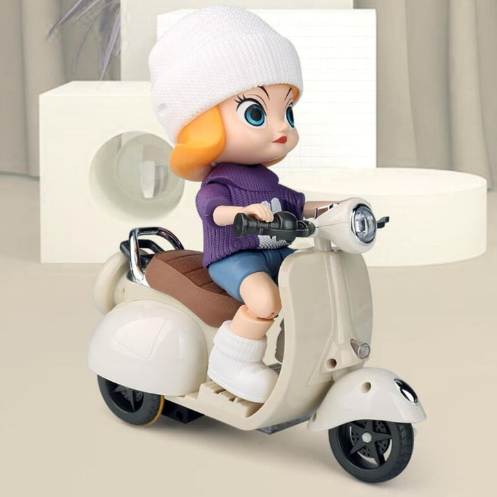 Motorcycles Scooter Toy Doll - with Light and Music, Cute Have a Seat for Accessories, Decor Desktop Ornaments Collectors (Off-White)