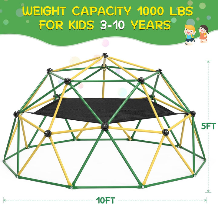Climbing Dome, 10FT Dome Climber with Hammock for Kids 3 to 10 Outdoor Play Equipment, Supports up to 1000Lbs Jungle Gym, Anti-Rust, Easy Assembly, Yellow+Green