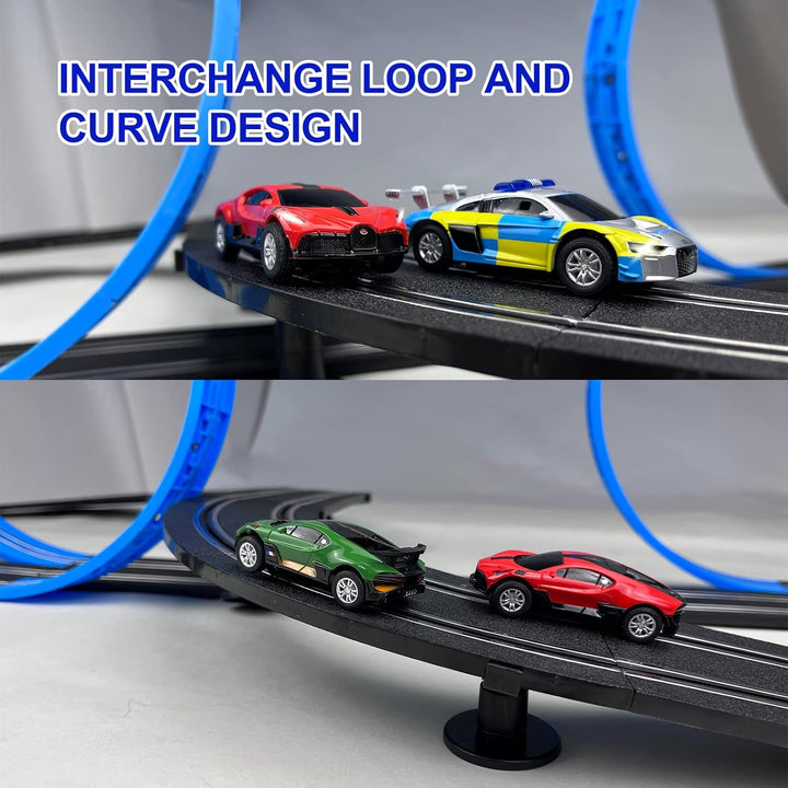 Slot Car Race Track Set, High Speed Series Tram Dual Track Set with 4 Licensed Racing Slot Cars, 2 Hand Controls, Track Parts and Lap Counter, 5.7M Long Track, Black