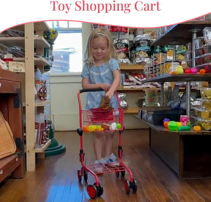 Toy Shopping Cart for Kids and Toddler - Includes Food - Folds for Easy Storage - with Sturdy Metal Frame (Red)
