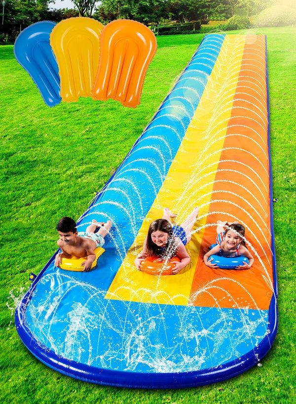 Triple Water Slide with 3 Bodyboards, 22.5FT Lawn Water Splash Slip and Slide Summer Toy Splash Pad with Build in Advanced Sprinkler for Kids Adults Backyard Summer Water Fun