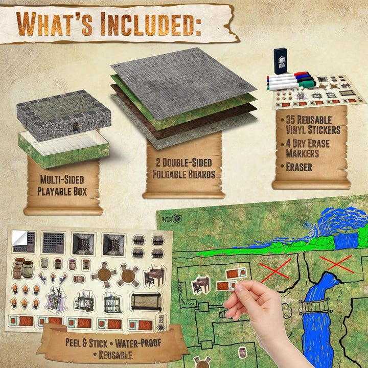 DND Map Starter Kit - 22” X 26" Double Sided, Wet/Dry Erase Battle Terrain Grid - Ultimate Tabletop Board Gaming Experience with Accessories