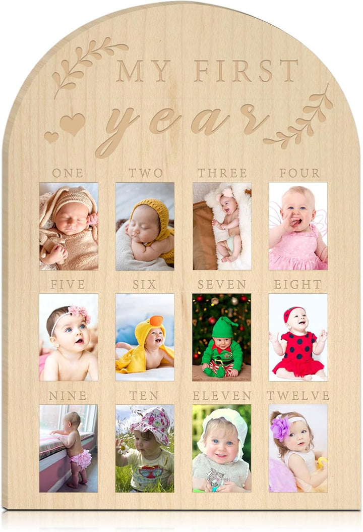 One Year Birthday Wooden Photo Board My First Year Milestone Photo Board 12 Monthly Picture Frame Baby First Year Wood Acrylic Sign 1St Birthday Decorations Baby Keepsake Gift (2" X 3" Photos - Wallet Size)
