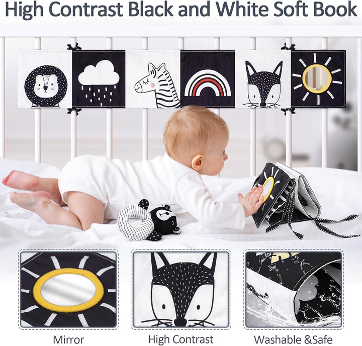 High Contrast Baby Toys for Newborn, Black and White Baby Sensory Toys with Car Seat Toys,Infant Toys with Black White Cards Book, Montessori Toys for Baby Gifts