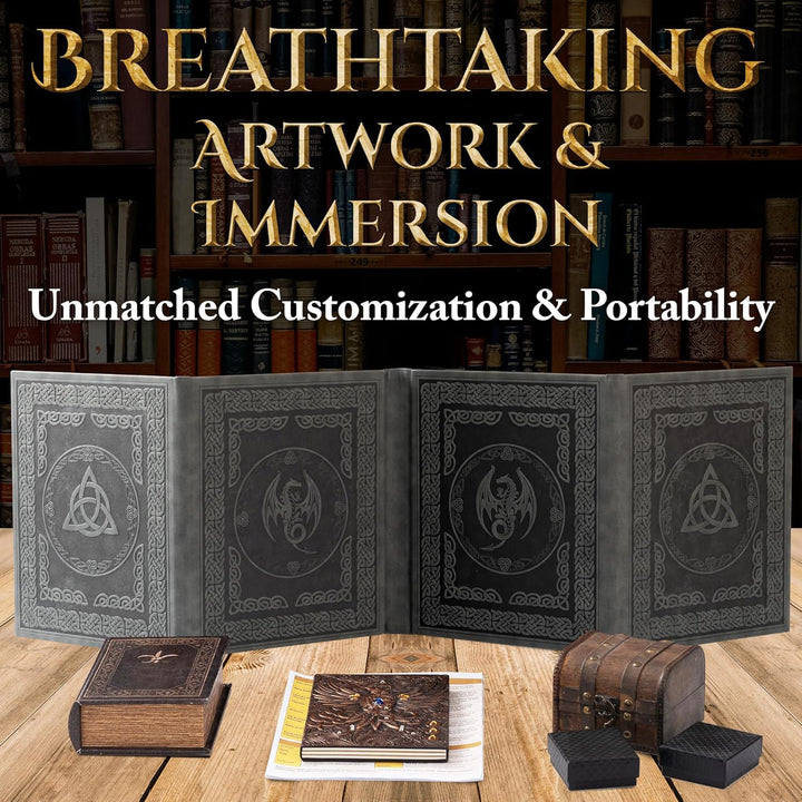 DM Screen for DND with 4 Wider Panels - Crystal Clear GM Pockets - Embossed Faux Leather Dungeon Master Screen with Celtic Knot & Dragon Design for D&D 5E & More