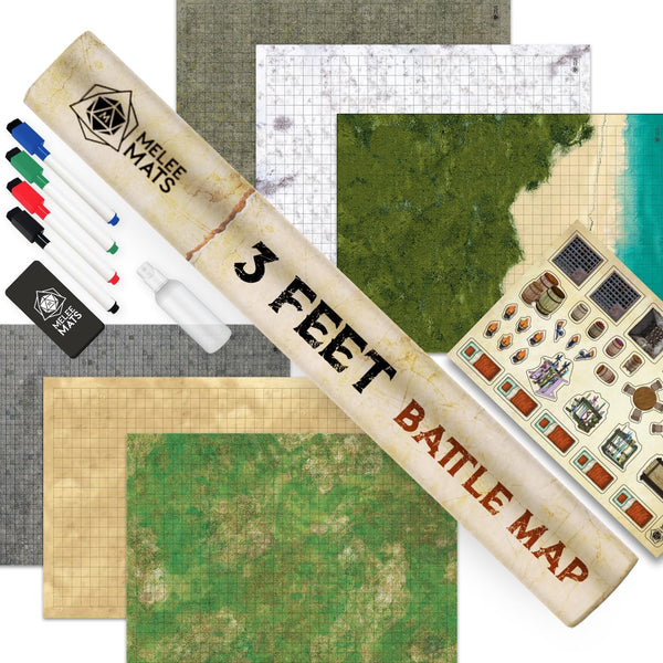DND Map Starter Kit for Dungeons & Dragons Game - 24” X 36" 3 Pack Double Sided, Wet/Dry Erase Battle Terrain Grid - Ultimate Tabletop Board Gaming Experience with Accessories