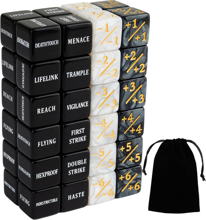 48 Pieces Abilities Keywords Counter Dice Black MTG Dice Counters Bulk Creature Stats Buff Tokens Dice Set for Magic the Gathering, MTG, TCG, Card Games Accessories