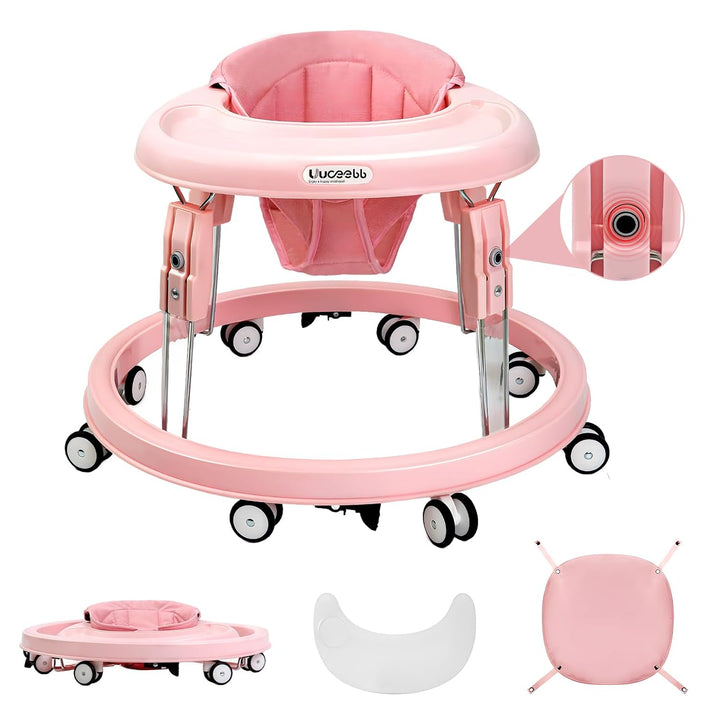 Baby Walker with Wheels, One-Touch Folding Anti-Roll 8-Wheel Baby Walkers, 7-Speed Height Adjustment with Large Dinner Plate and Brake 6-18 Months Baby Walker, Black
