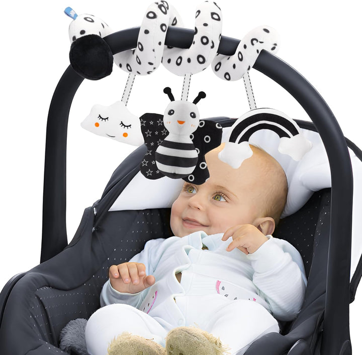 Spiral Car Seat & Stroller Activity Toy - Baby Sensory Toys Soft Hanging Toys for Babies 0-12 Months Boys Girls Carseat Crib Stroller, with Ringing Bell, Music