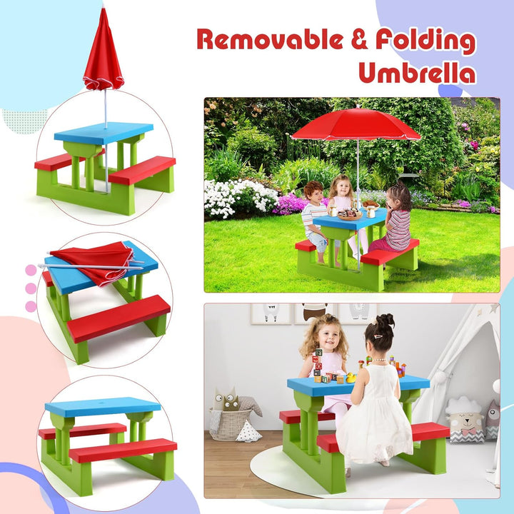 Kids Picnic Table, Outdoor Toddler Table and Bench Set with Removable Umbrella, Plastic Kids Activity Table Set for Backyard, Garden, Nursery, Gift for Boys Girls Age 3+, Red