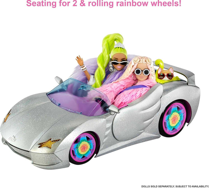 Extra Toy Car with Fashion Accessories & Puppy, Sparkly Silver 2-Seater Convertible with Hood Storage & Pet Pool, Sized for Fashion Dolls