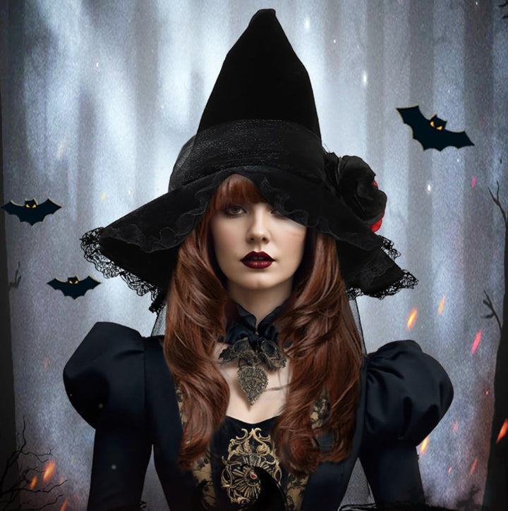 Gothic Witch Hat with Lace Trim, Black Velvet, Red Rose, Halloween Costume Accessory