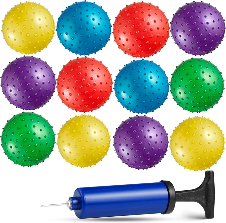 Mini Knobby Balls - (Pack of 12) Bulk 5 Inch Sensory Balls and Spiky Massage Stress Balls with Pump, Fun Bouncy Ball Party Favors
