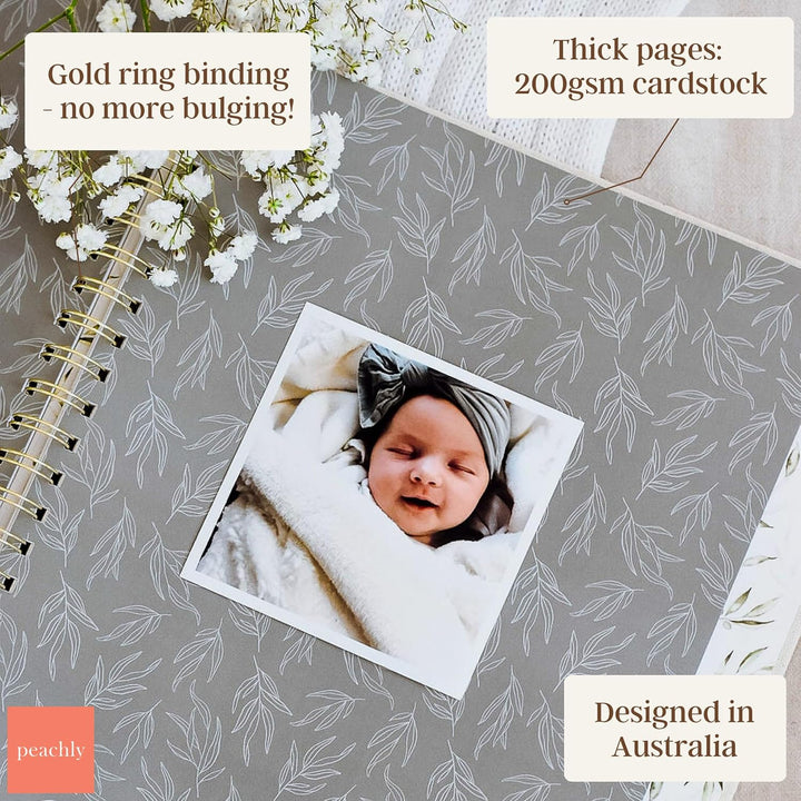 Unisex Baby Memory Book | Minimalist Baby First Year Keepsake for Milestones | Baby Books First Year Memory Book | Simple Baby Scrapbook for Boy Girl Milestones | Natural Linen - Olive