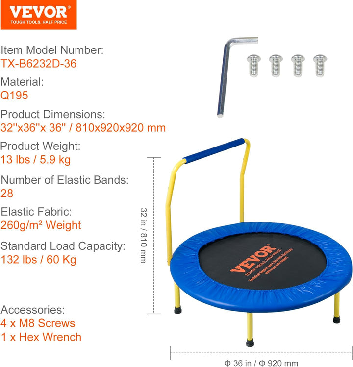 3FT Trampoline 36" Indoor/Outdoor for Toddlers, Foldable Mini Baby with Foam Handle, Recreational Birthday Gift