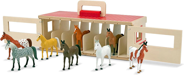 Take-Along Show-Horse Stable Play Set with Wooden Stable Box and 8 Toy Horses