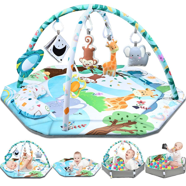 Baby Gym Play Mat, 8-In-1 Tummy Time Mat & Ball Pit with 6 Toys, Washable Baby Activity Play Mat for Visual, Hearing, Sensory, Motor Development, Baby Toys Gift for Toddler Infant 0-3-6-9-12 Months