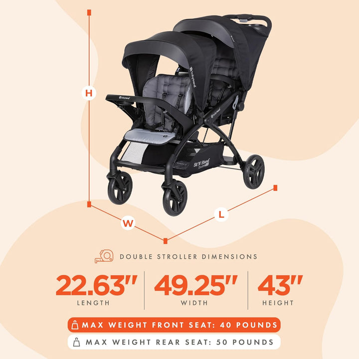 Sit N' Stand Double Stroller & Travel System for Babies & Toddlers, Stormy - Portable, Compact, and Lightweight Foldable Tandem Stroller