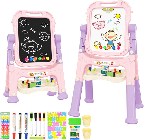 Easel for Kids, Adjustable Standing Art Easel for Toddler, Double Side White Chalk Board with Painting Accessories, Birthday Christmas Gift for Little Girls and Boy Age 3 4 5, Pink