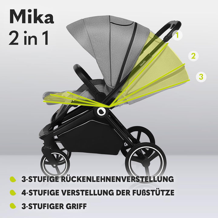 Mika 2-In-1 Combination Pushchair Baby Carrycot Pram Buggy Rain Cover Shoulder Strap for Transport Mattress Mosquito Net Foot Cover Waterproof Material Rubber Wheels (Grey Stone)