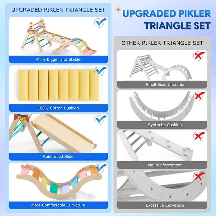 Pikler Triangle Set with Cushion, 9-In-1 Kids Climbing Toys for Toddlers 1-3 Inside, Montessori Toddler Climbing Toys Indoor, Large Wooden Pikler Triangle Climbing Set Baby Playground for Children