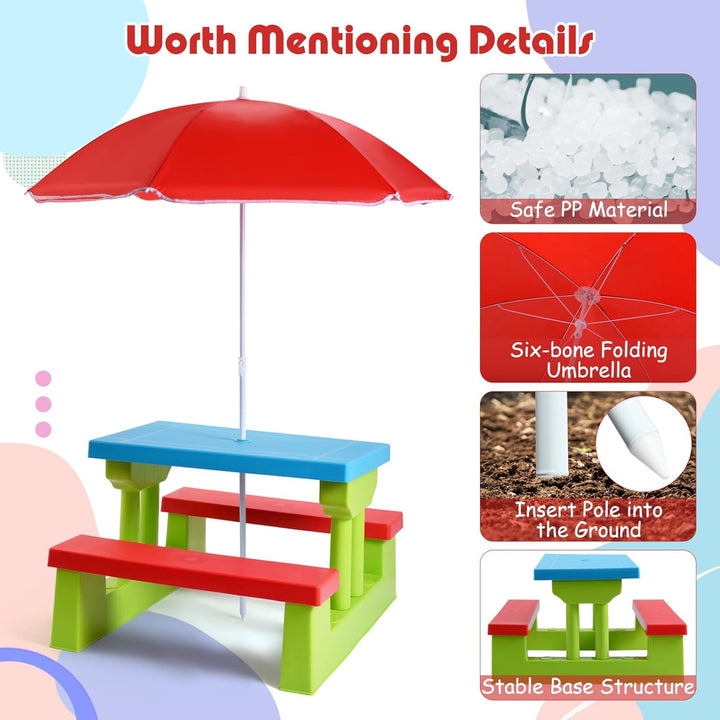 Kids Picnic Table, Outdoor Toddler Table and Bench Set with Removable Umbrella, Plastic Kids Activity Table Set for Backyard, Garden, Nursery, Gift for Boys Girls Age 3+, Red