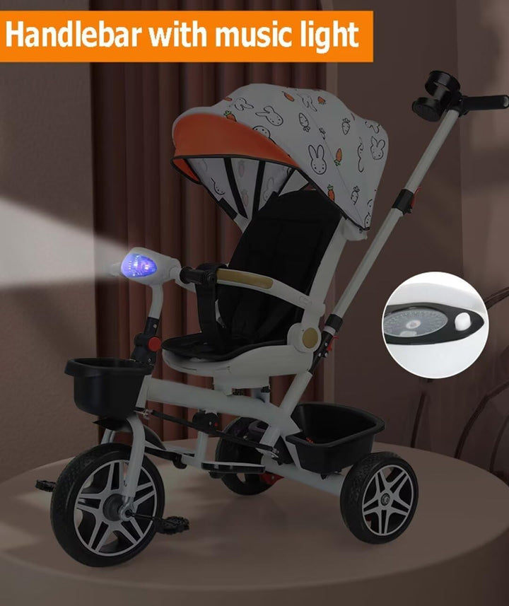 Reversible Seat Toddler Stroller Buggies,Children Stroller Pram with Canopy and Music Headlight,High Back Seat with Guardrail and Belt,Toddlertricycle with Parent Handle,Double Brakes (Black with Can