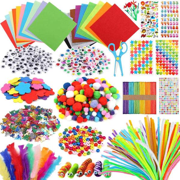 Pipe Cleaners Craft Supplies, 1500+Pcs Arts and Crafts Supplies Including Pipe Cleaner Wiggle Googly Eyes Pom Poms Feathers Sticks Sequins Foam Flowers Papers Felt Stickers