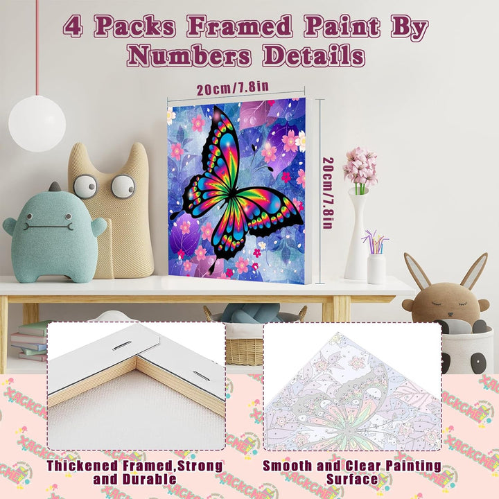 4 Pack Butterfly Paint by Number for Kids with Wooden Frame, Paint by Numbers for Kids Butterflies Ages 4-8-12, Easy Painting with Numbers DIY Acrylic Oil Painting Kits for Home Wall Decor (8X8 Inch)
