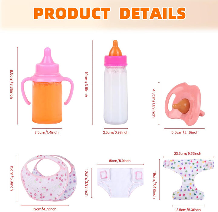 Baby Doll Accessories Set – 7 Pcs Feeding and Caring Set with Magic Disappearing Bottles, Pacifier, Diapers and Bibs Doll Pretend Play Gift for Kids