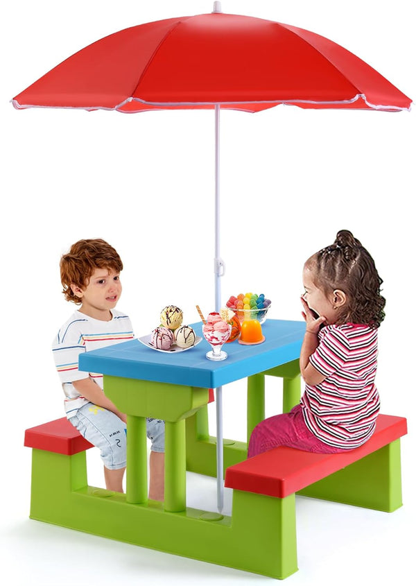 Kids Picnic Table, Outdoor Toddler Table and Bench Set with Removable Umbrella, Plastic Kids Activity Table Set for Backyard, Garden, Nursery, Gift for Boys Girls Age 3+, Red
