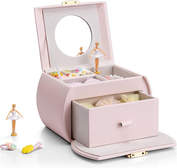 Kids Musical Jewelry Box for Girls with Drawer, Music Box with Ballerina and Stickers for Birthday Bedroom Decor, Gifts for Girls Kids - Pink