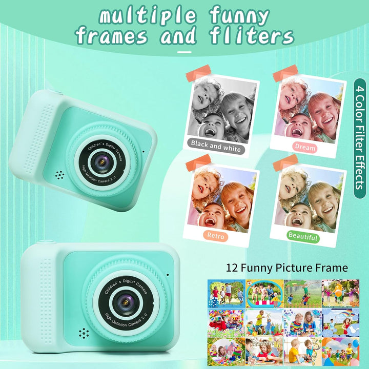 Kids Camera Toys, for Boys and Girls, Digital Camera for Kids, Toddler Camera Christmas Birthday Toy Gifts for Kids Age 3 4 5 6 7 8 9 10 with 32GB SD Card, Video Recorder 1080P HD (Green)