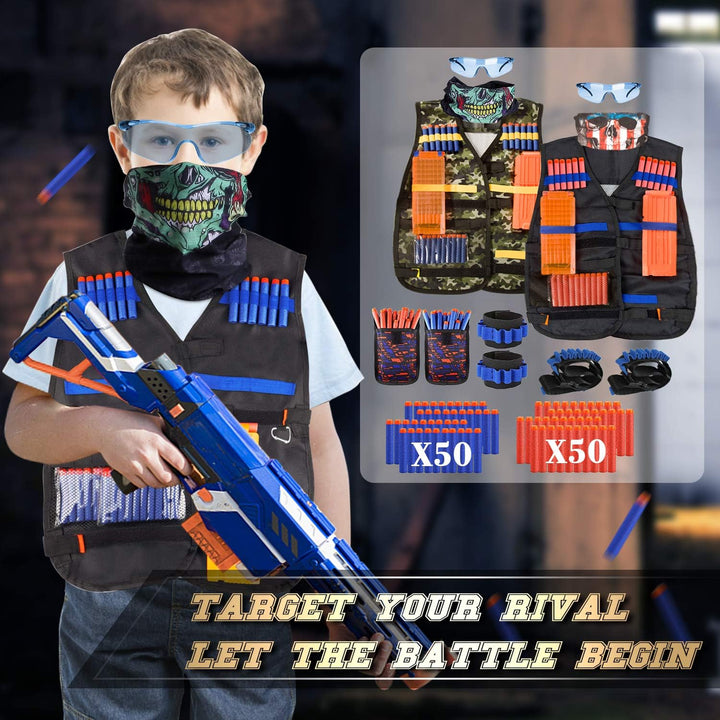 2 Pack Kids Tactical Vest Kit for Nerf Guns Game N-Strike Elite Series Wars with Refill Darts, Reload Clips, Dart Pouch, Tactical Mask, Wrist Band and Protective Glasses for Boys ,Girls